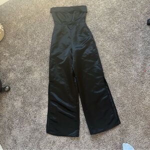 Le Lis Black Wide Leg Satin Strapless Jumpsuit